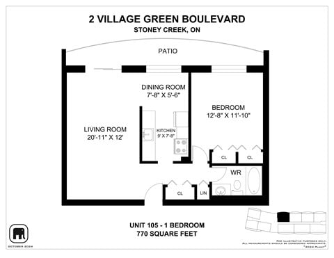 Floor plan for 1 bed, 1 bath, 744 sqft